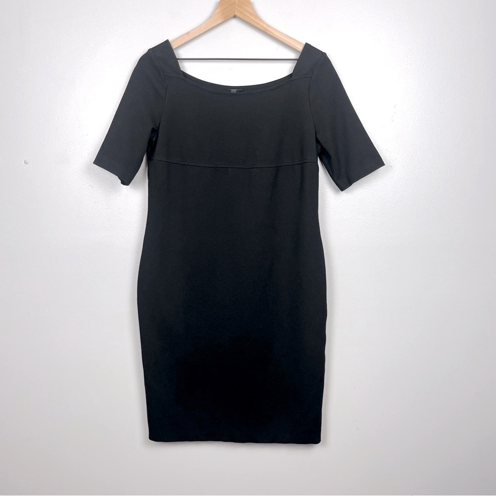 Talbots black rayon blend knit square neckline sheath dress, size 12.